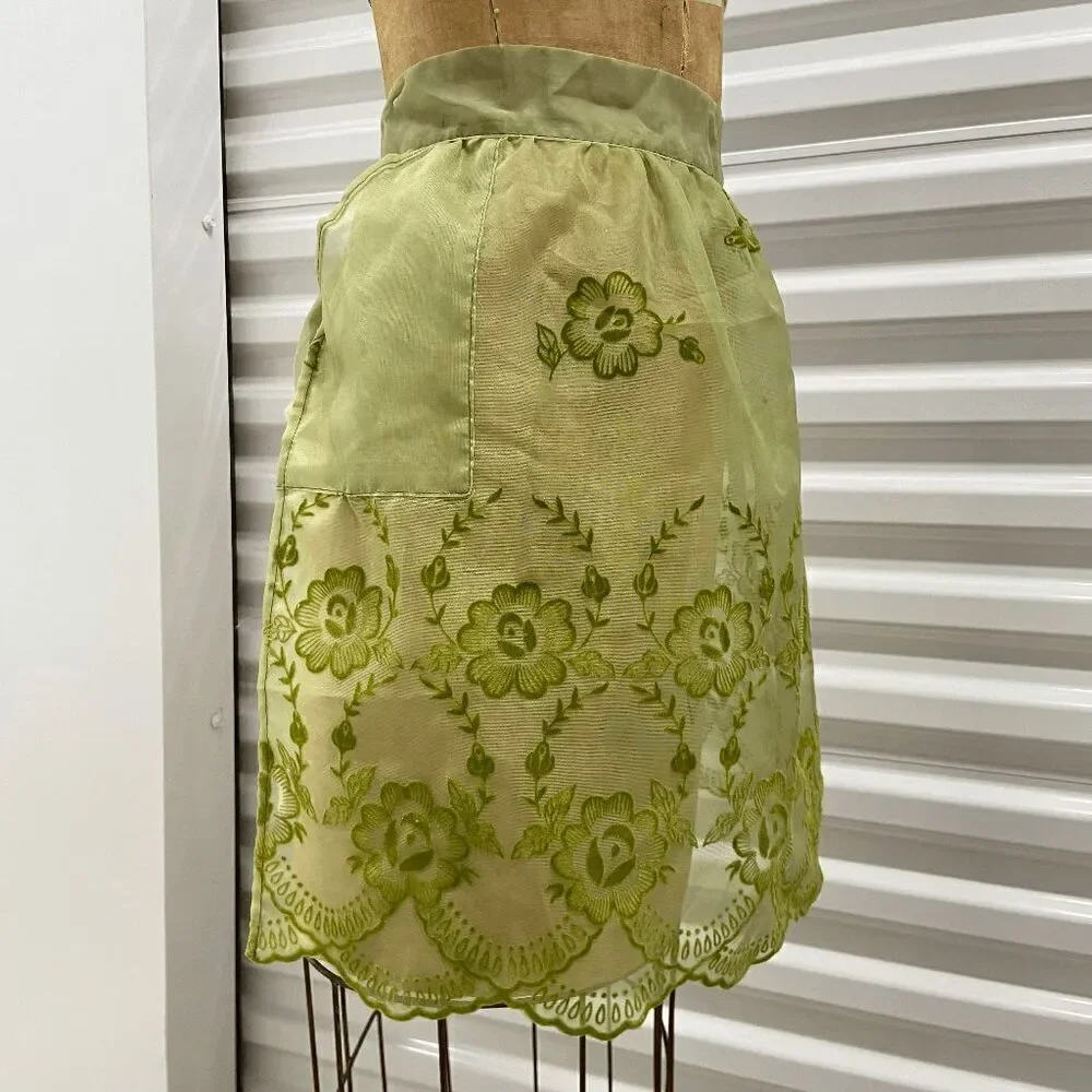Vintage 50s Artistic Apron House Sheer Flocked Organza Green Apron